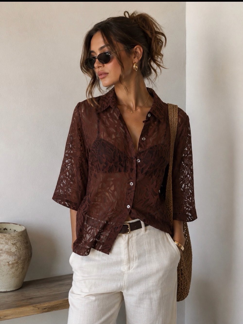 Vintage White Stag Sheer Brown Burnout Button Down Top